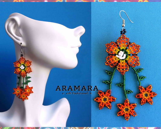 Red Huichol Beaded Flower Earrings  |  AF-0839