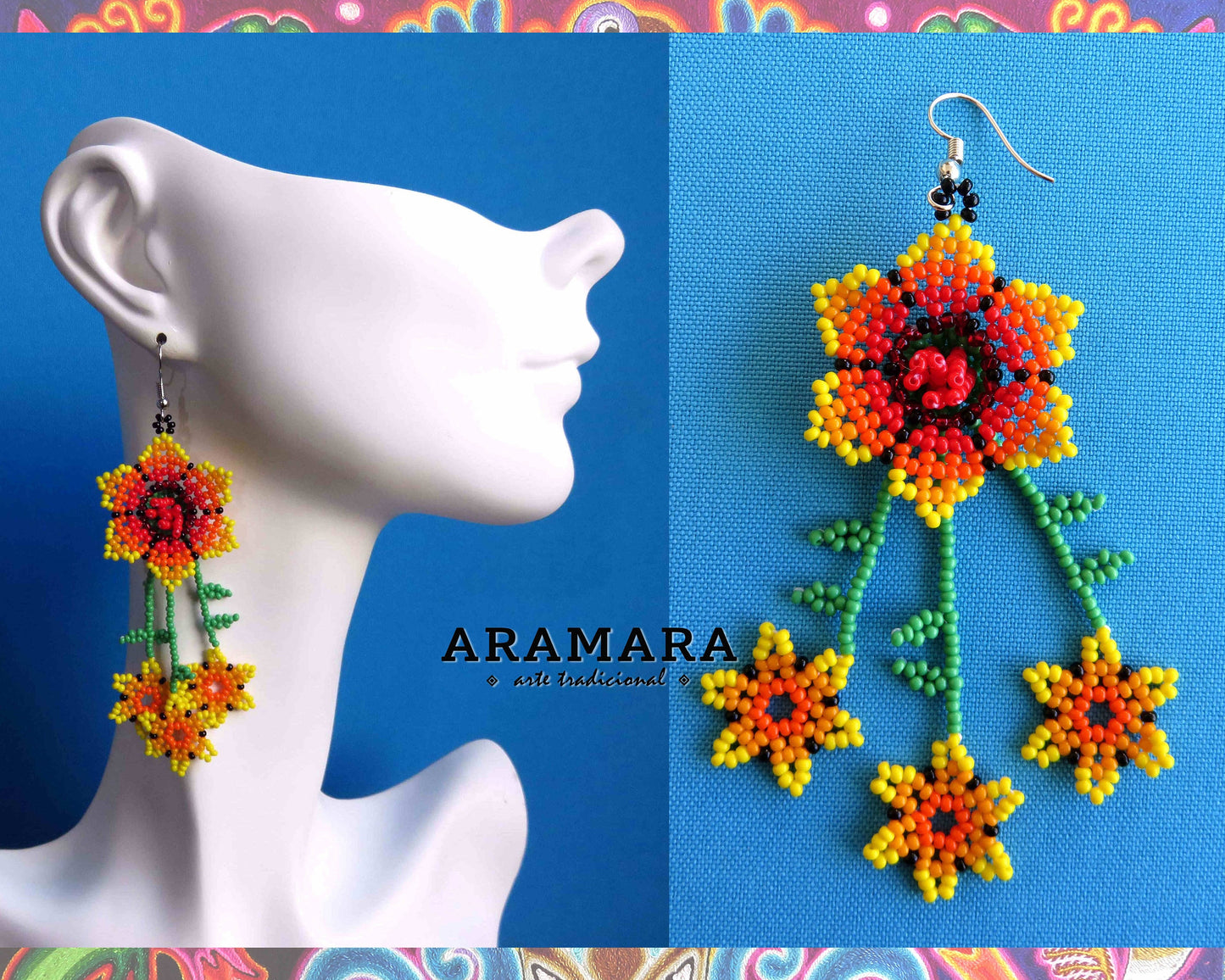 Yellow and orange Huichol Beaded Flower Earrings  | AF-0841