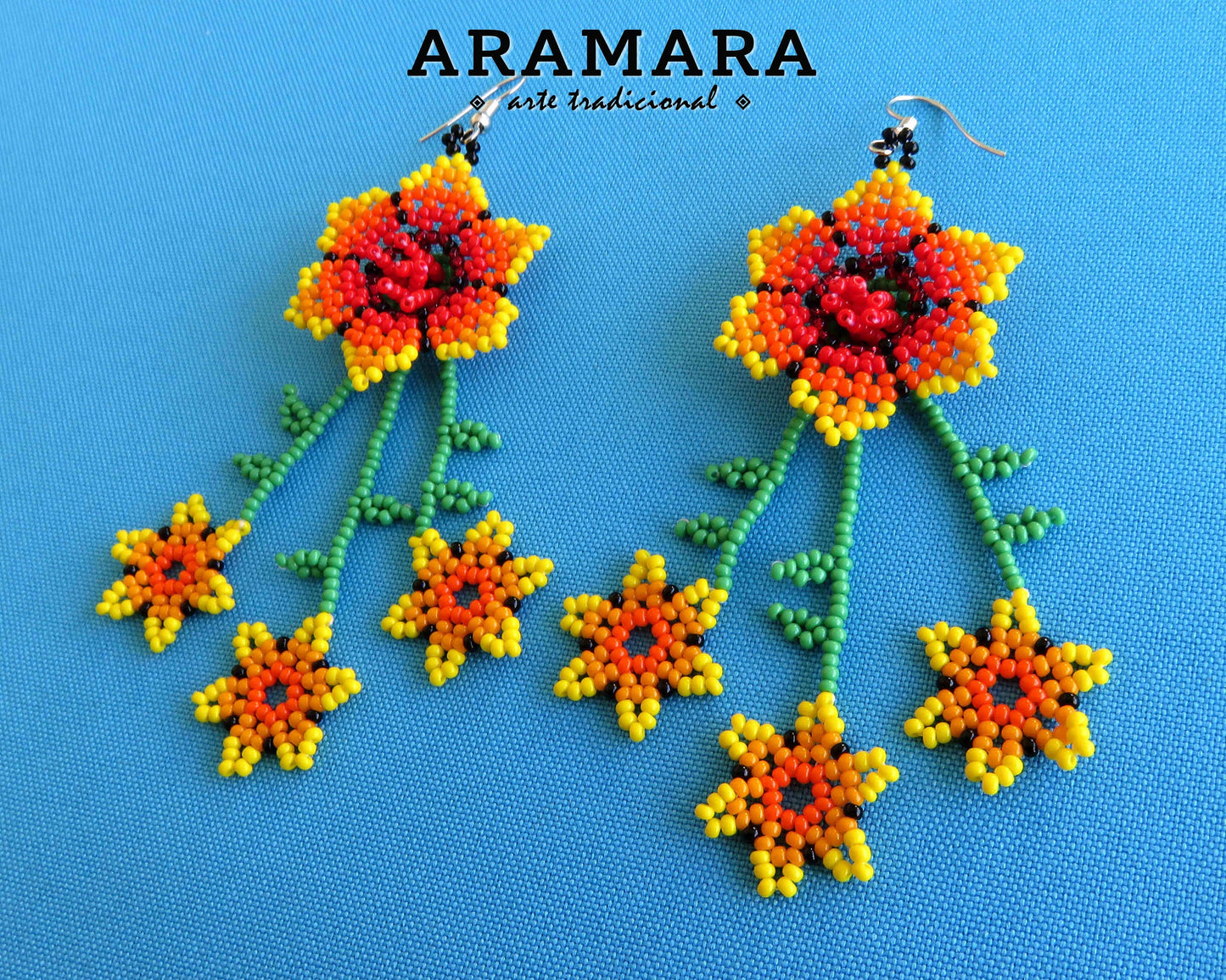 Yellow and orange Huichol Beaded Flower Earrings  | AF-0841