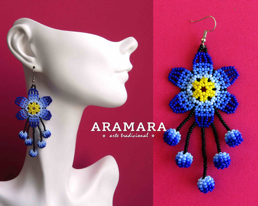 Native american earrings, Huichol Earrings, Mexican earrings, Mexican folk art, Flower Earrings, Mexican Jewelry, Beaded Flower, AF-0855