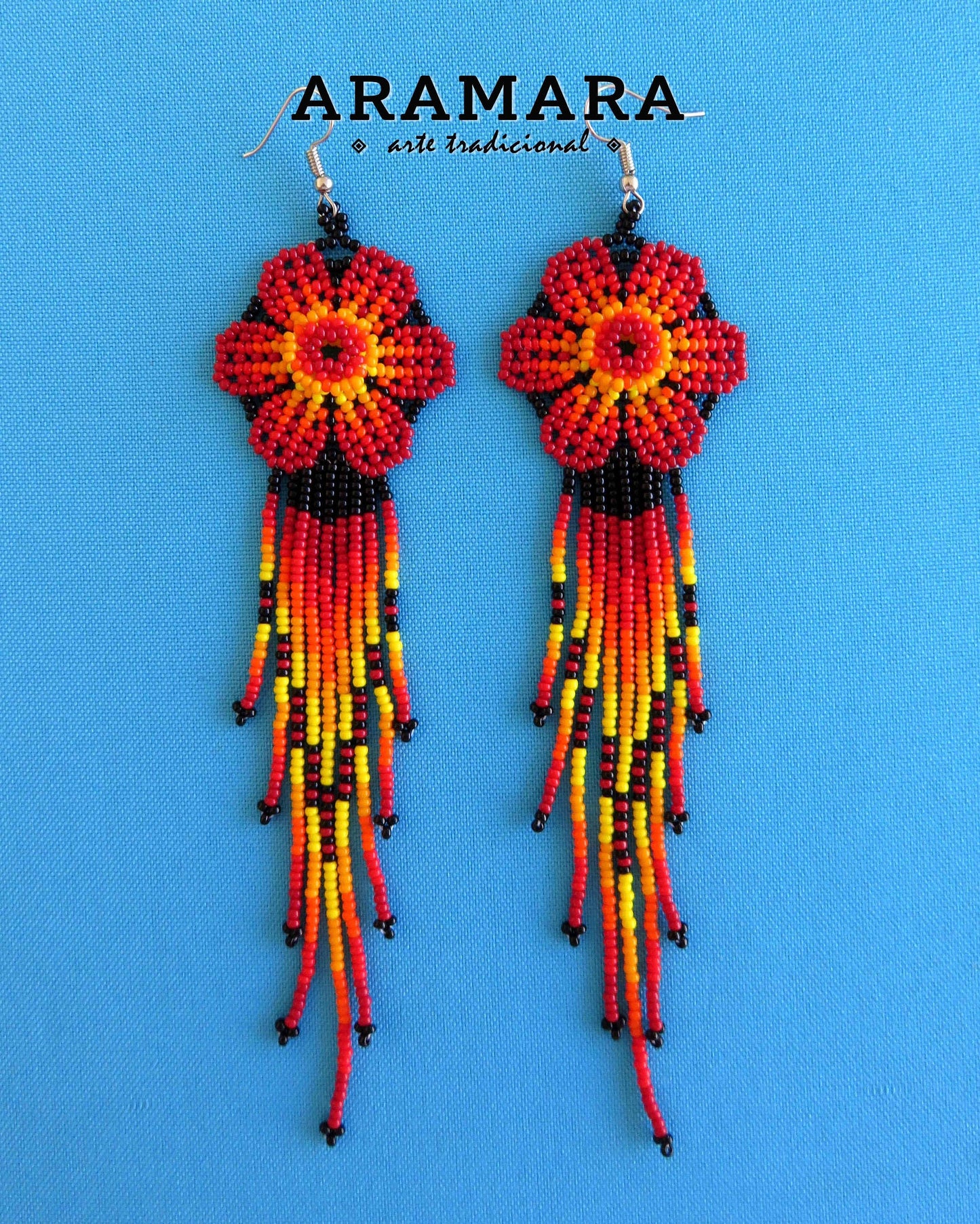 Red Huichol Beaded Flower Earrings  | AF-0871