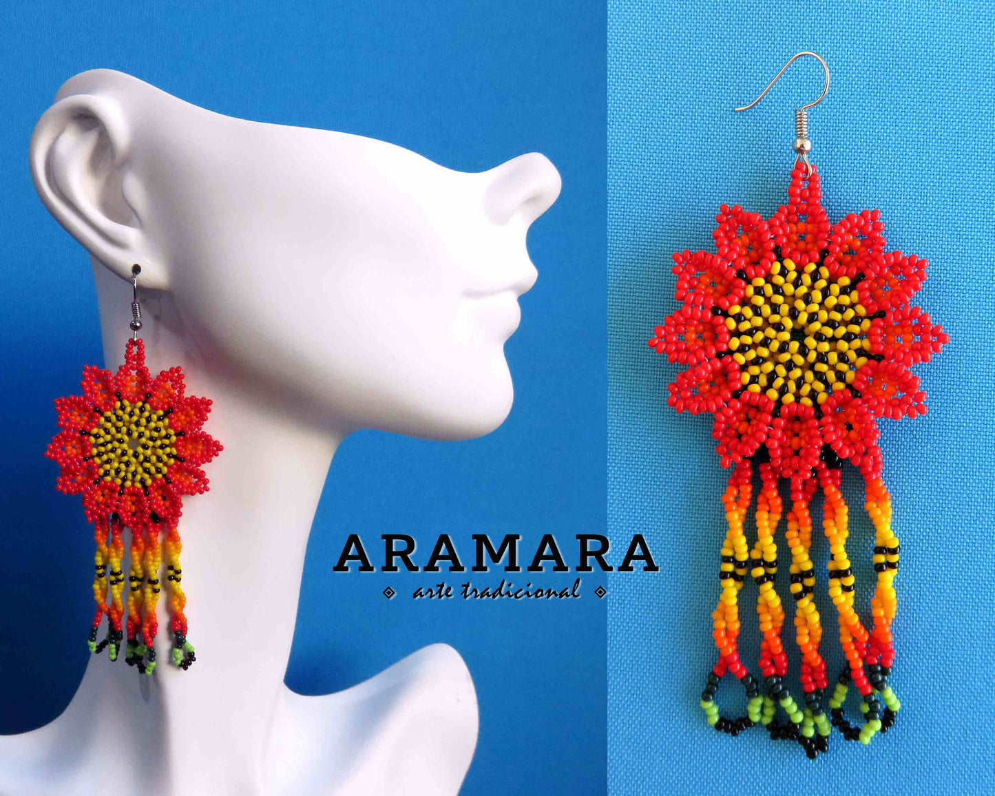 Red and Yellow Huichol Beaded Flower Earrings  |  AF-0874