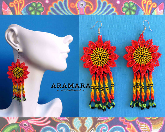 Red and Yellow Huichol Beaded Flower Earrings  |  AF-0874