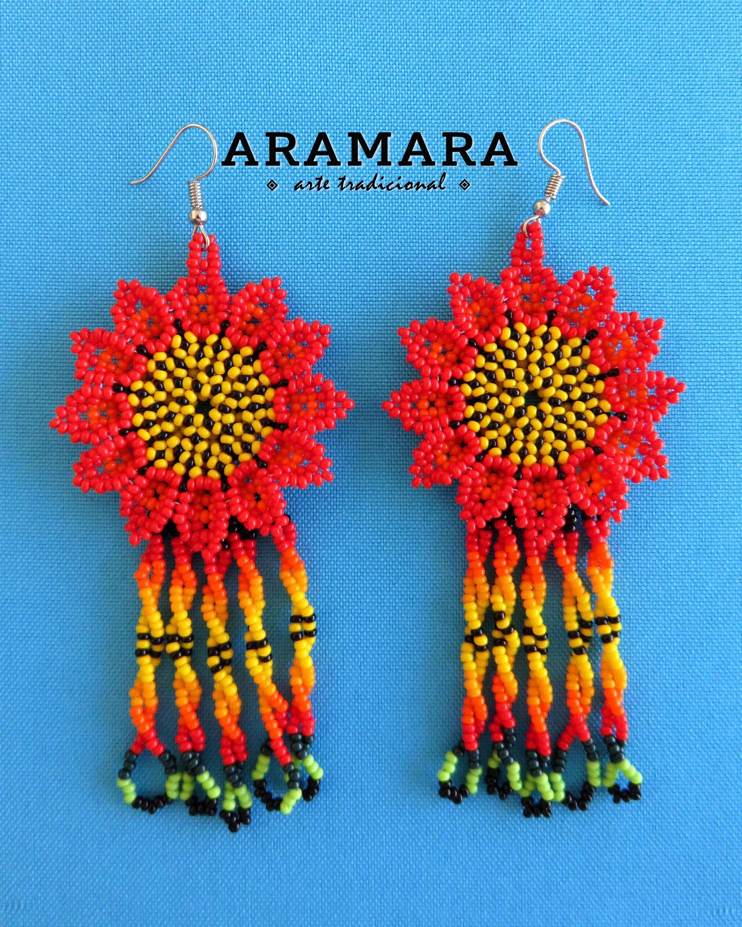 Red and Yellow Huichol Beaded Flower Earrings  |  AF-0874