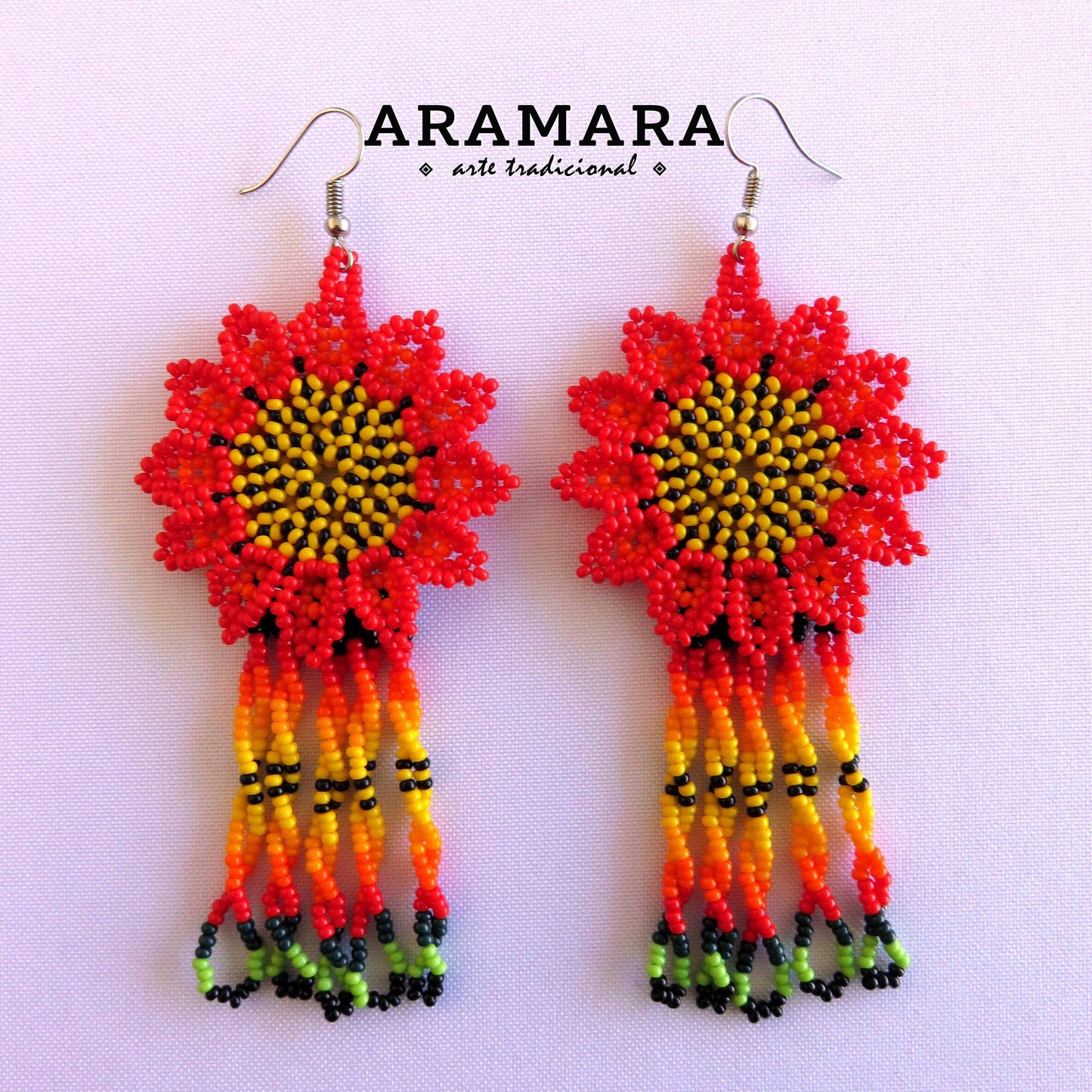 Red and Yellow Huichol Beaded Flower Earrings  |  AF-0874