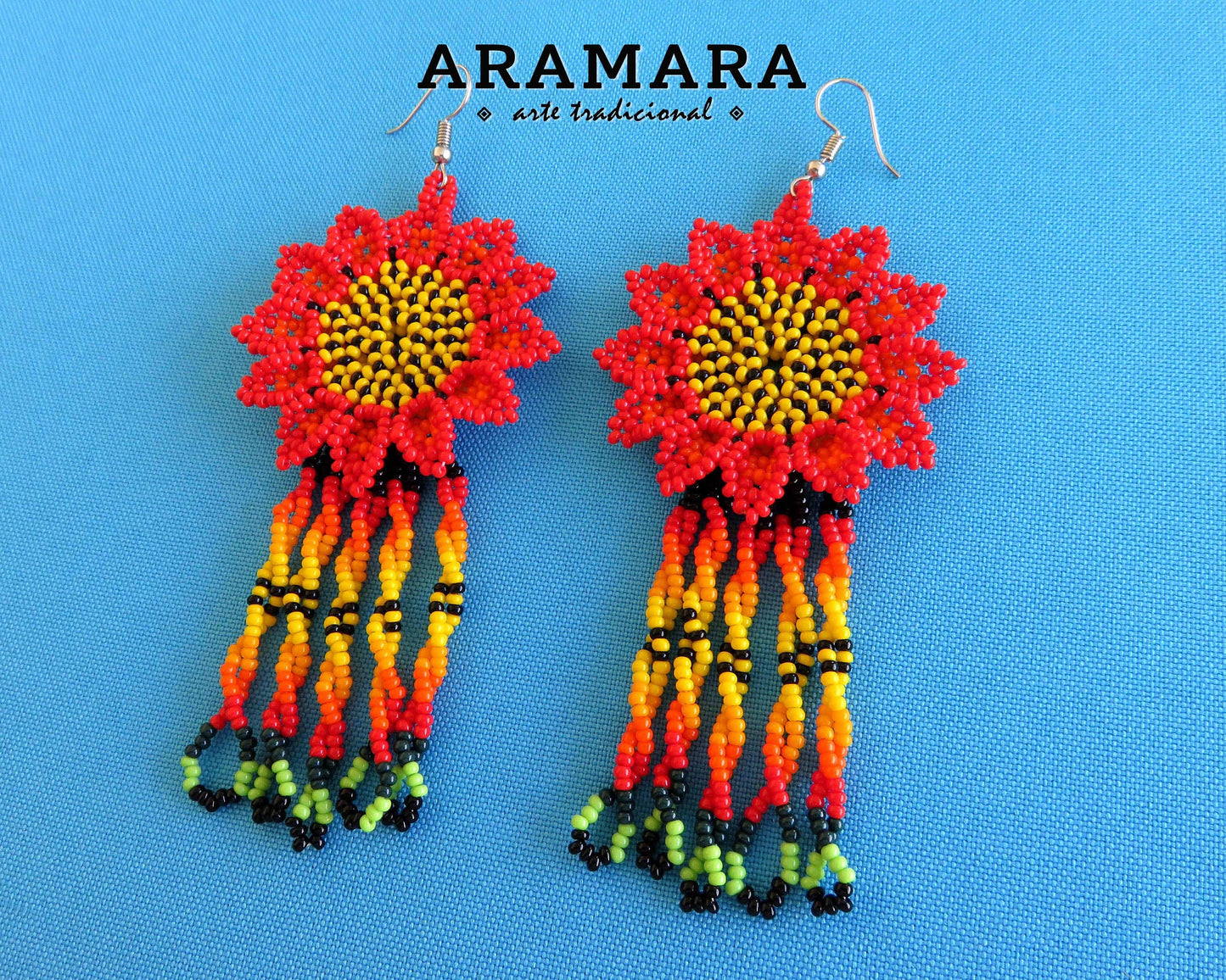 Red and Yellow Huichol Beaded Flower Earrings  |  AF-0874