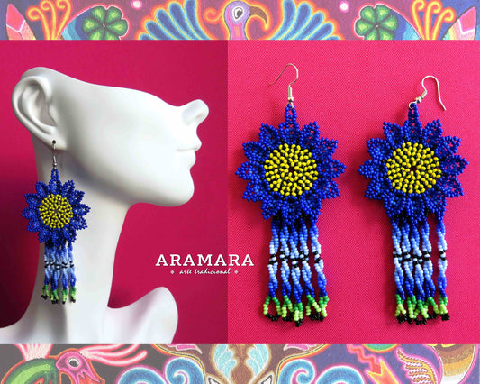Mexican Jewelry, Native american earrings, Mexican folk art, Flower Earrings, Mexican earrings, Beaded Flower, Huichol Earrings, AF-0875