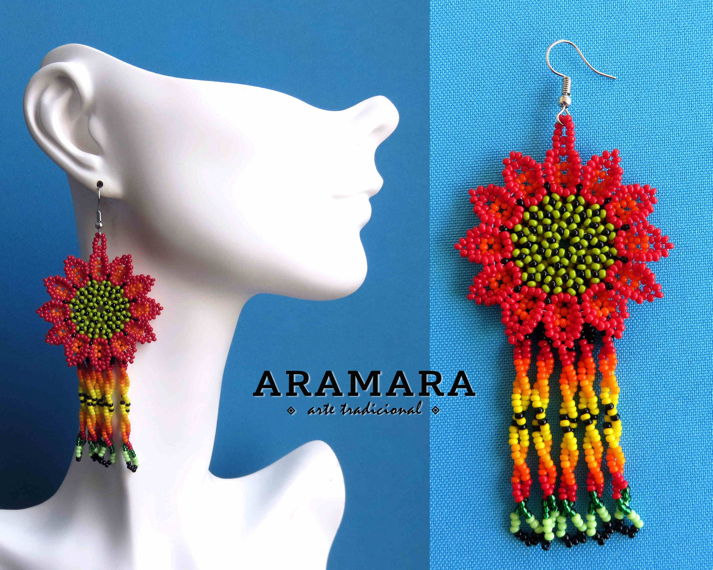 Red Huichol Beaded Flower Earrings  |  AF-0876