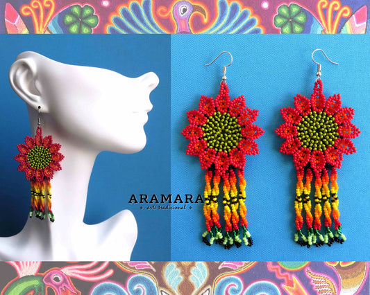 Red Huichol Beaded Flower Earrings  |  AF-0876