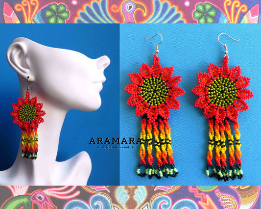 Red Huichol Beaded Flower Earrings  |  AF-0880