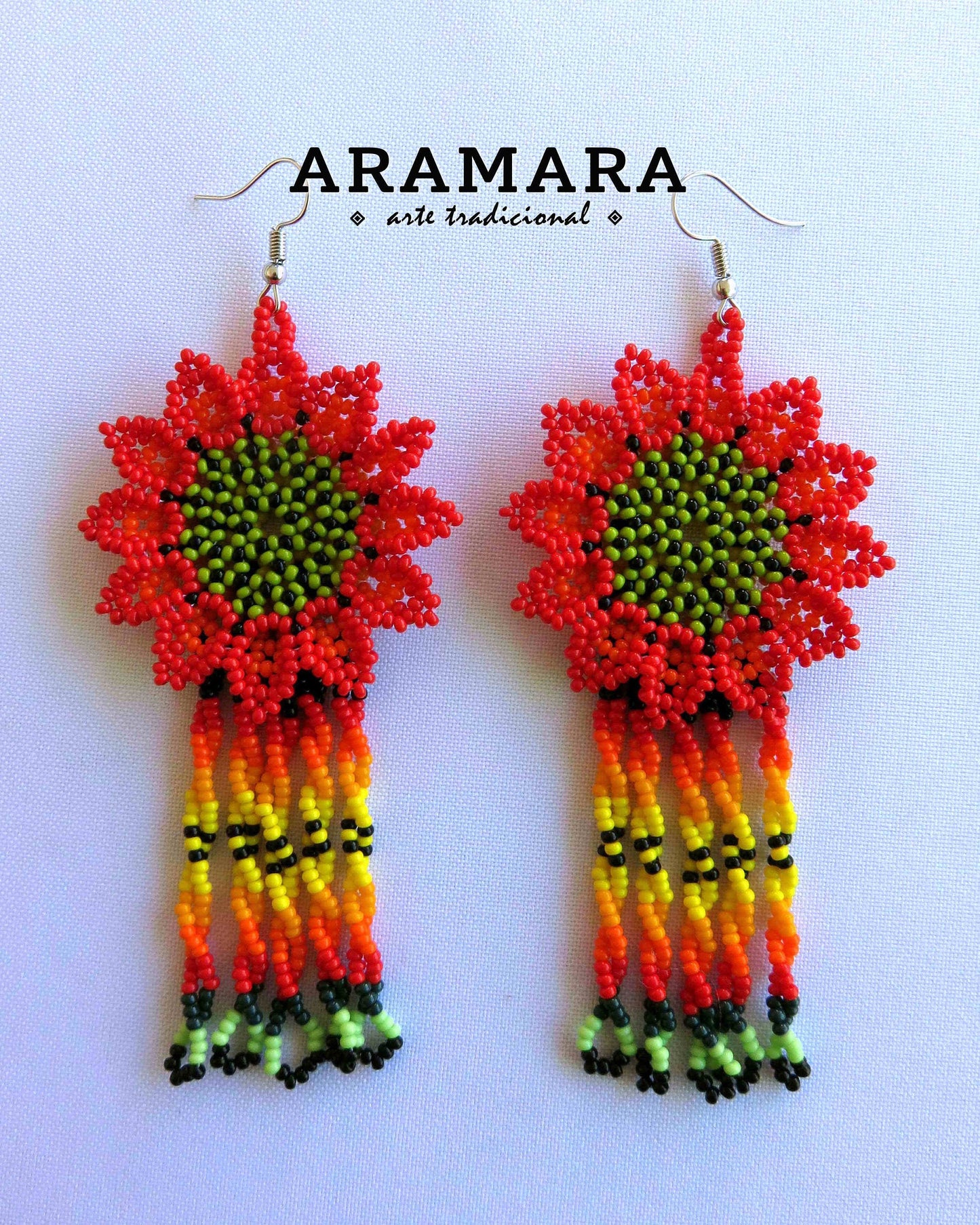 Red Huichol Beaded Flower Earrings  |  AF-0880