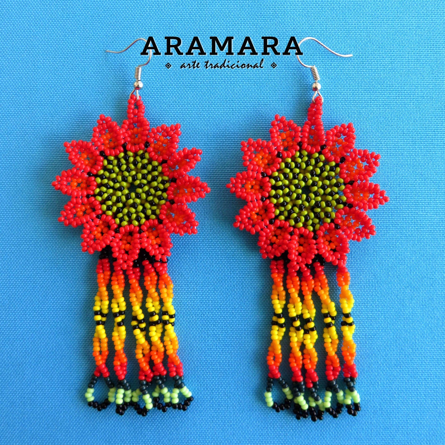 Red Huichol Beaded Flower Earrings  |  AF-0880