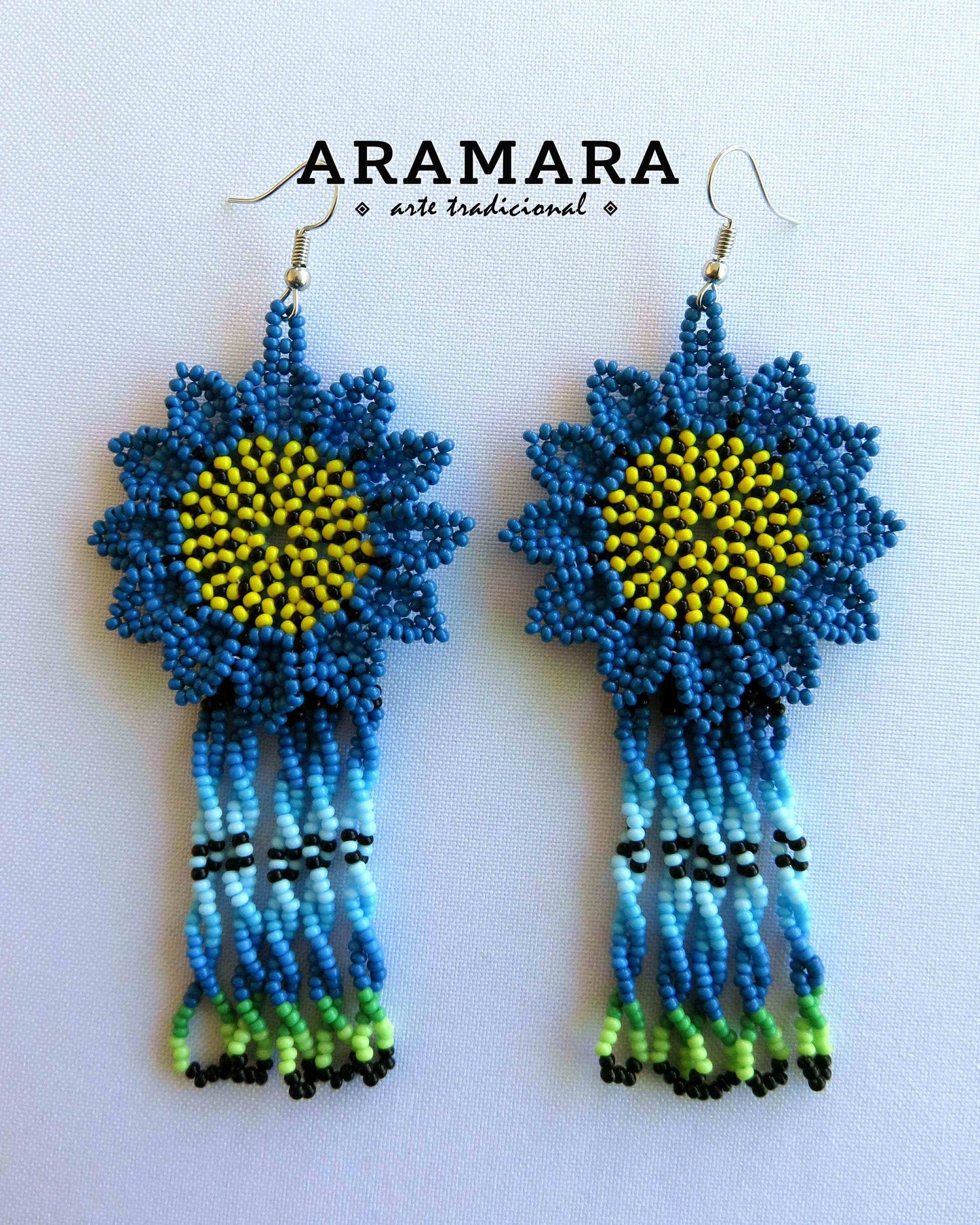 Blue and Yellow Huichol Beaded Flower Earrings  |  AF-0881