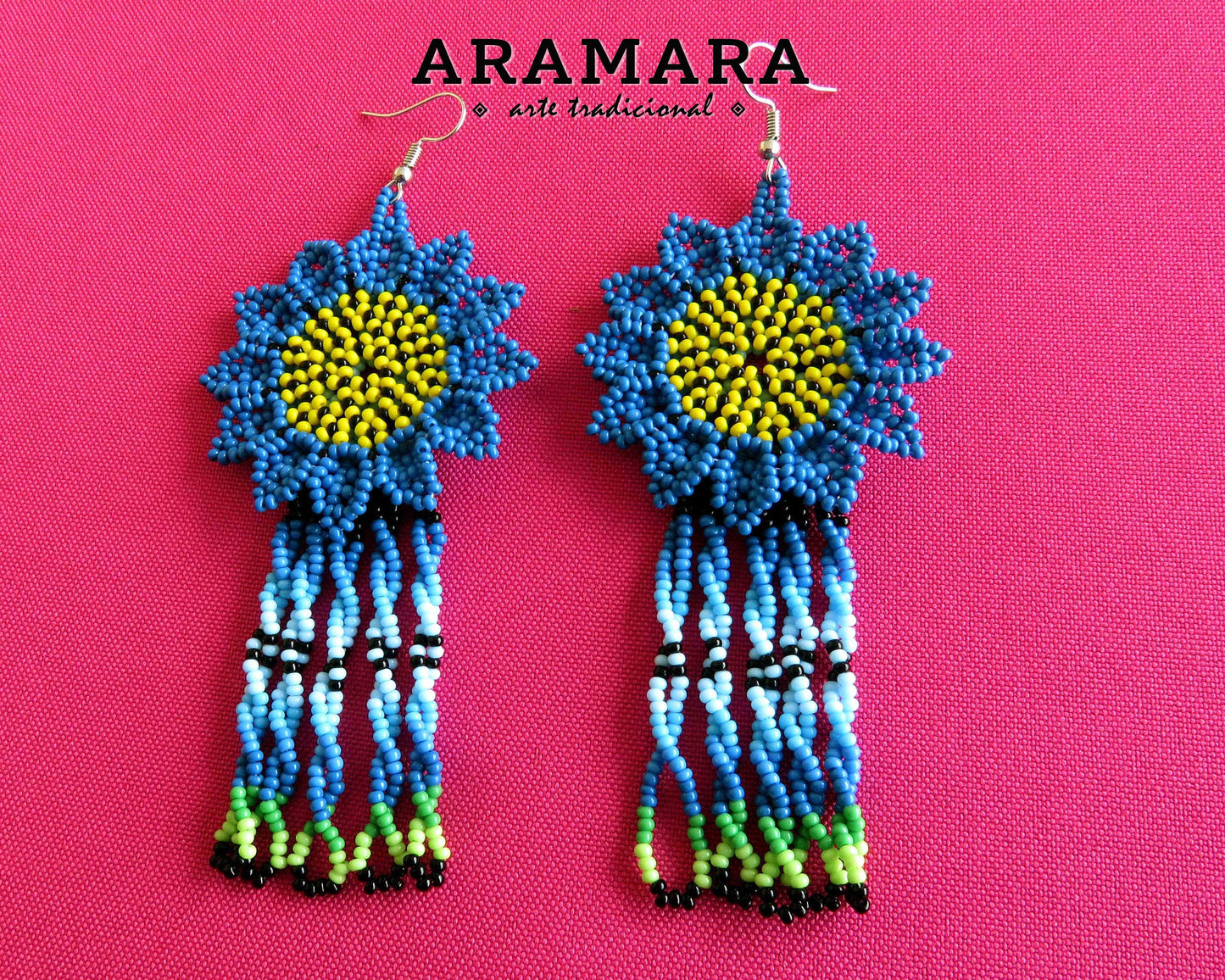 Blue and Yellow Huichol Beaded Flower Earrings  |  AF-0881