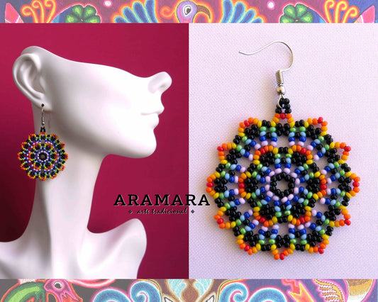 Yellow Huichol Beaded Flower Mandala Earrings  |  AF-0884