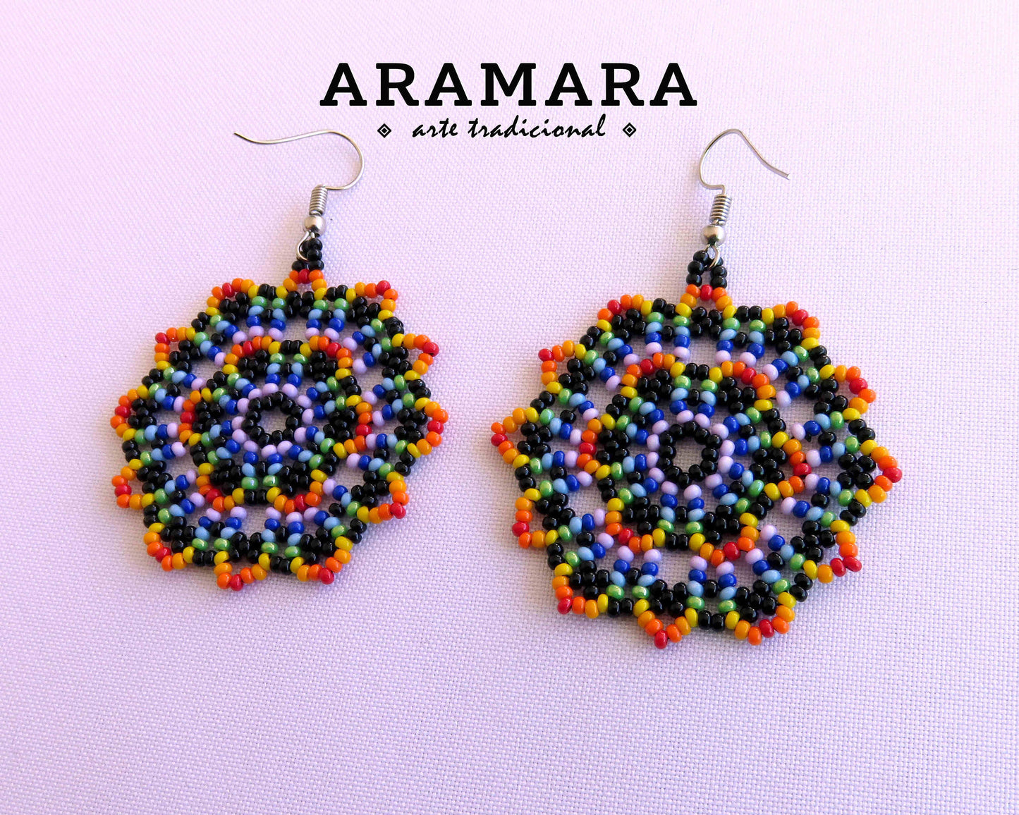 Yellow Huichol Beaded Flower Mandala Earrings  |  AF-0884