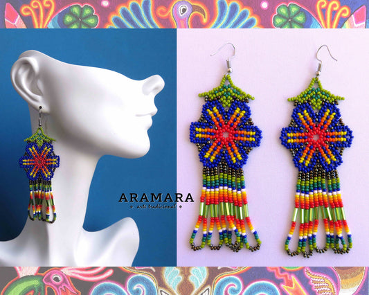 Mexican Jewelry, Mexican folk art, Native american earrings, Mexican earrings, Huichol Earrings, Beaded Flower, Flower Earrings, AF-0892