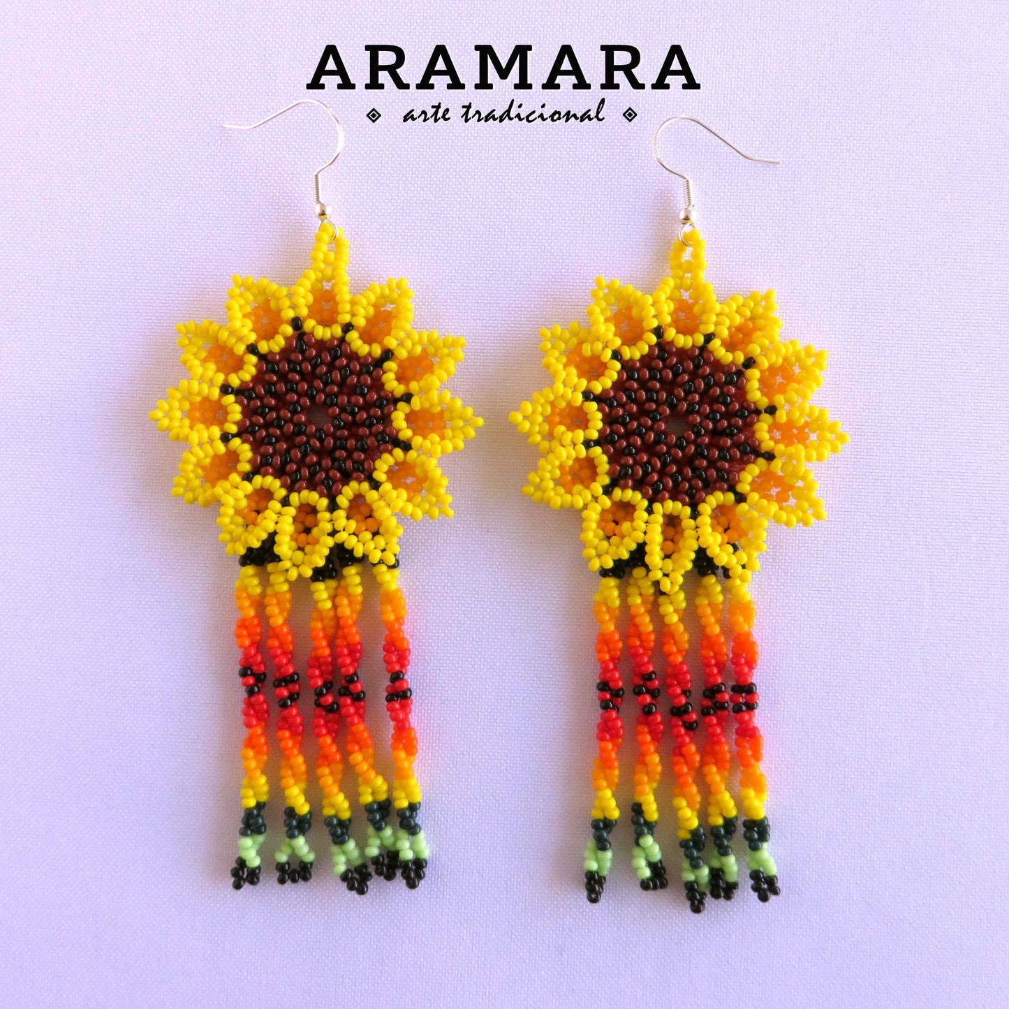 Yellow Huichol Beaded Flower Earrings  |  AF-0673