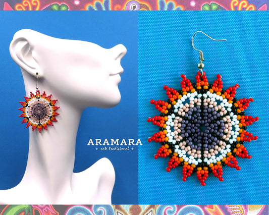Mexican Huichol Beaded Red and White Flower Earrings AF-0070  Mexican earrings - Mexican Jewelry - Huichol earrings - Huichol beadwork