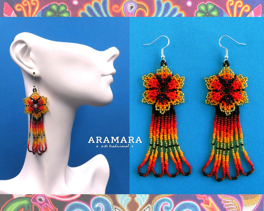 Orange Huichol Beaded Flower and butterfly Earrings  |  AF-0224