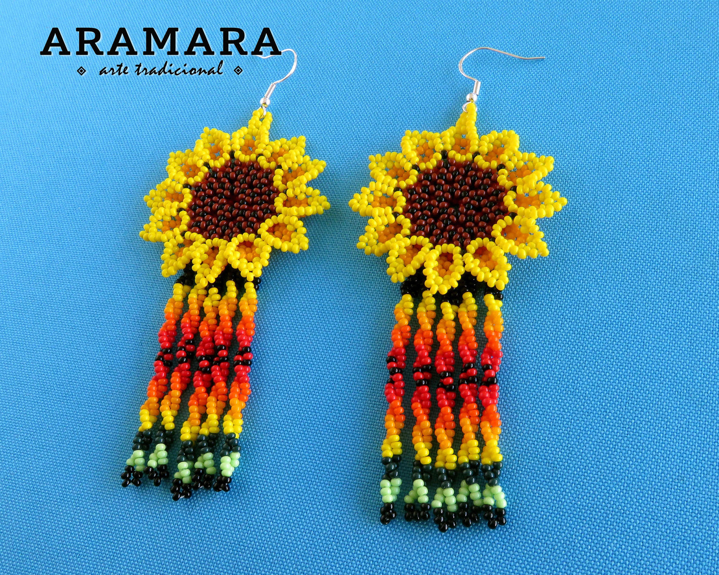 Yellow Huichol Beaded Flower Earrings  |  AF-0673
