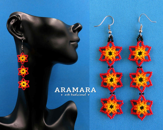Red and Yellow Huichol Beaded Flower Earrings  |  AF-0028