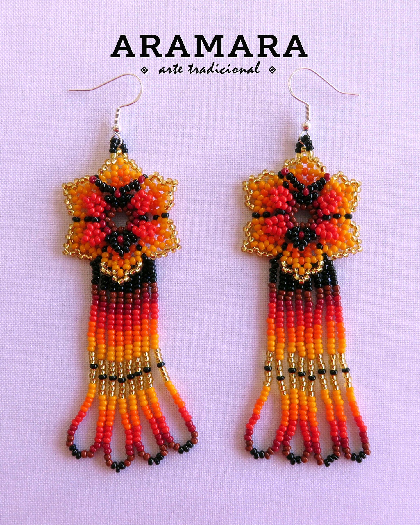 Orange Huichol Beaded Flower and butterfly Earrings  |  AF-0224