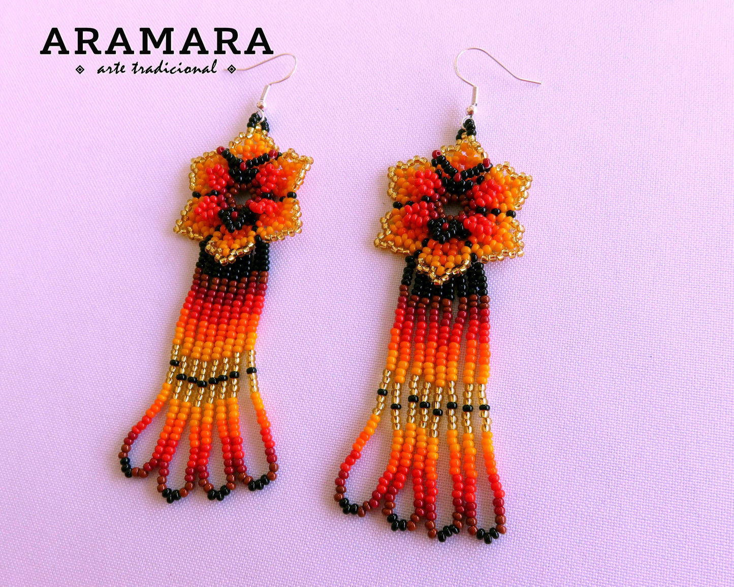 Orange Huichol Beaded Flower and butterfly Earrings  |  AF-0224