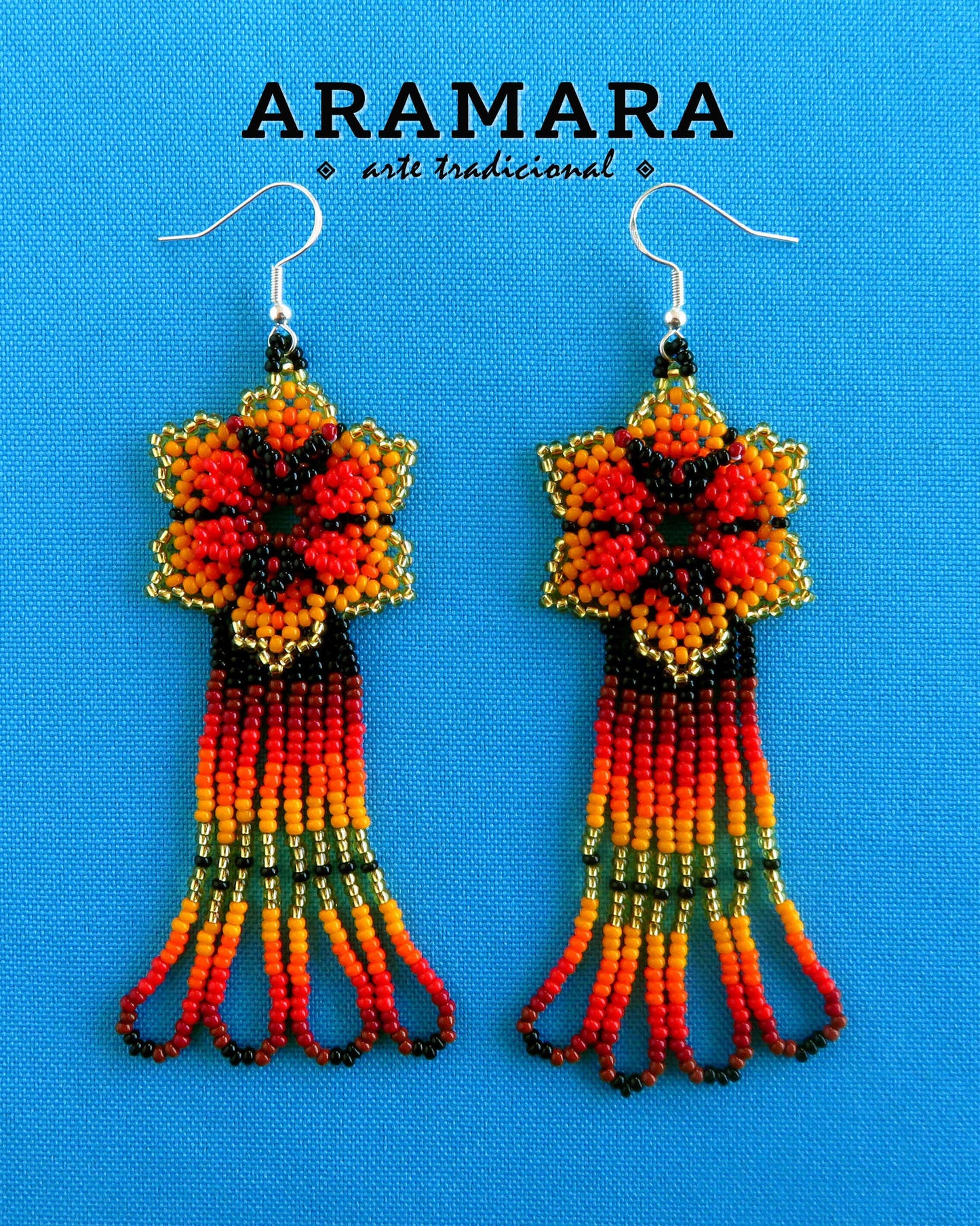 Orange Huichol Beaded Flower and butterfly Earrings  |  AF-0224