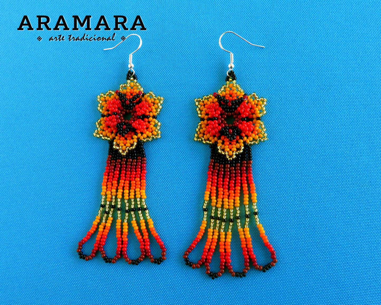 Orange Huichol Beaded Flower and butterfly Earrings  |  AF-0224