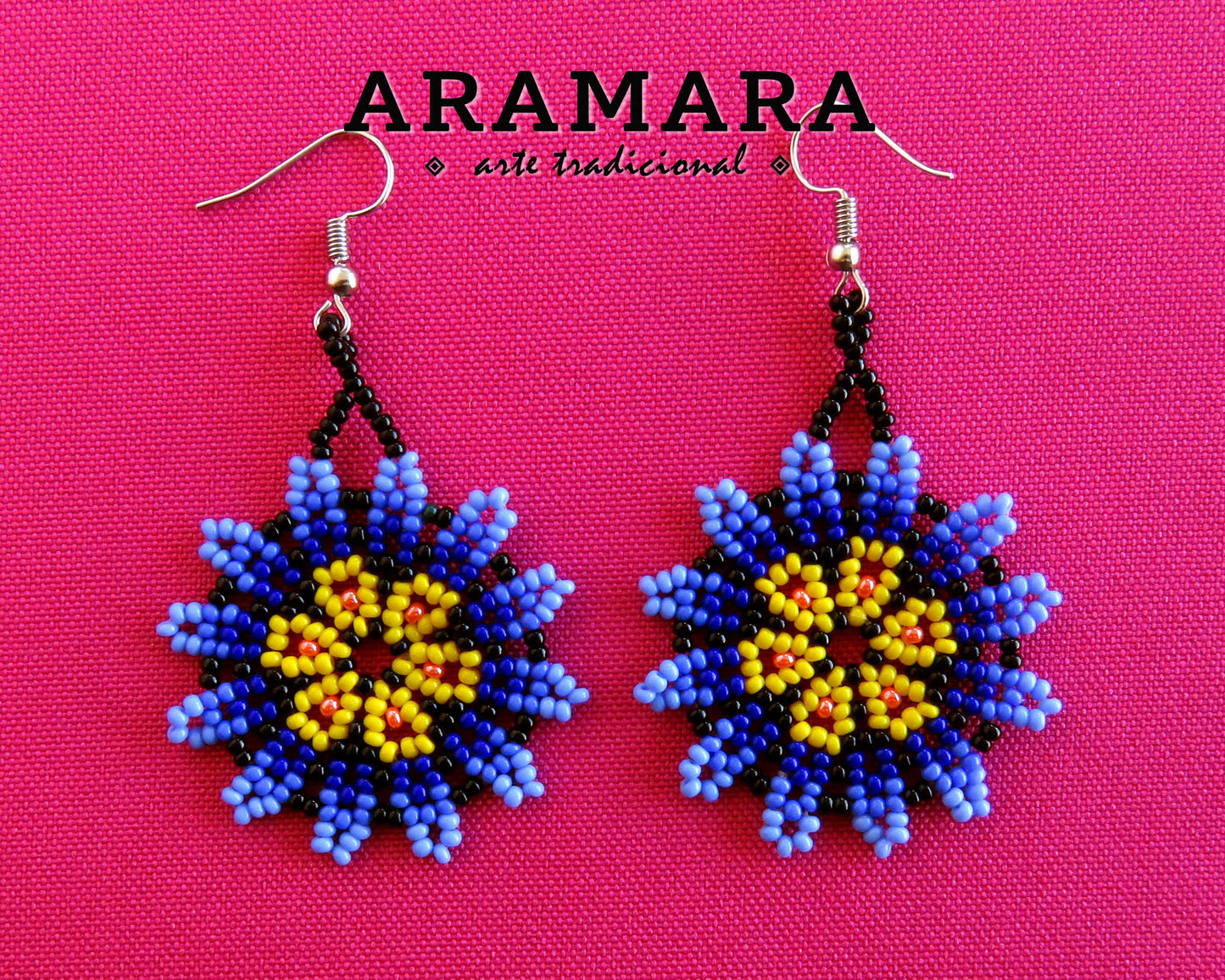 Blue and Yellow Huichol Beaded Flower Earrings  |  AF-0897