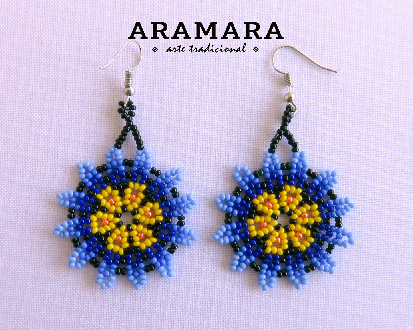 Blue and Yellow Huichol Beaded Flower Earrings  |  AF-0897