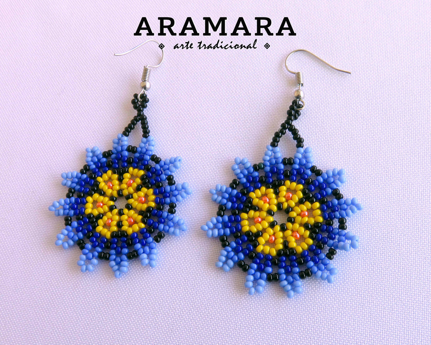 Blue and Yellow Huichol Beaded Flower Earrings  |  AF-0897