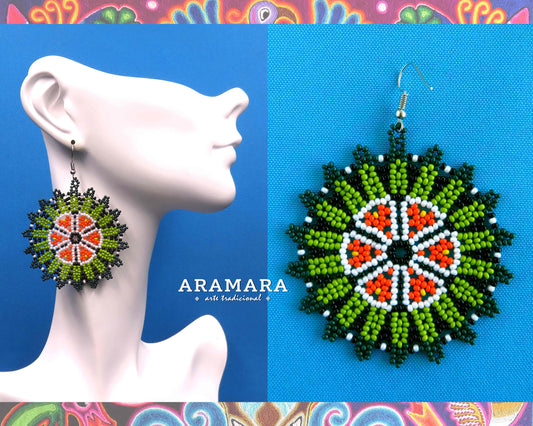 Native american earrings, Mexican earrings, Mexican folk art, Flower Earrings, Mexican Jewelry, Huichol Earrings, Beaded Flower, AF-0898