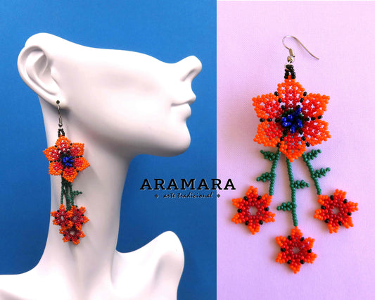 Native american earrings, Huichol Earrings, Mexican Jewelry, Mexican earrings, Mexican folk art, Flower Earrings, Beaded Flower, AF-0904