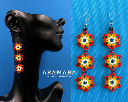 Red and white Huichol Beaded Flower Earrings  |  AF-0910