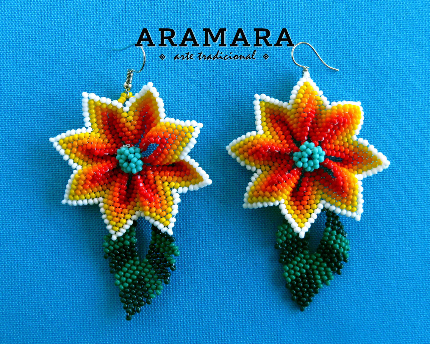 Native american earrings, Mexican Jewelry, Mexican folk art, Beaded Flower, Mexican earrings, Huichol Earrings, Flower Earrings, AF-0913
