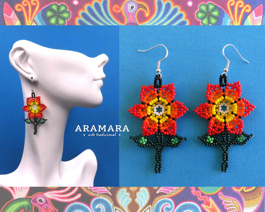 Red and yellow Huichol Beaded Flower Earrings  |  AF-0919