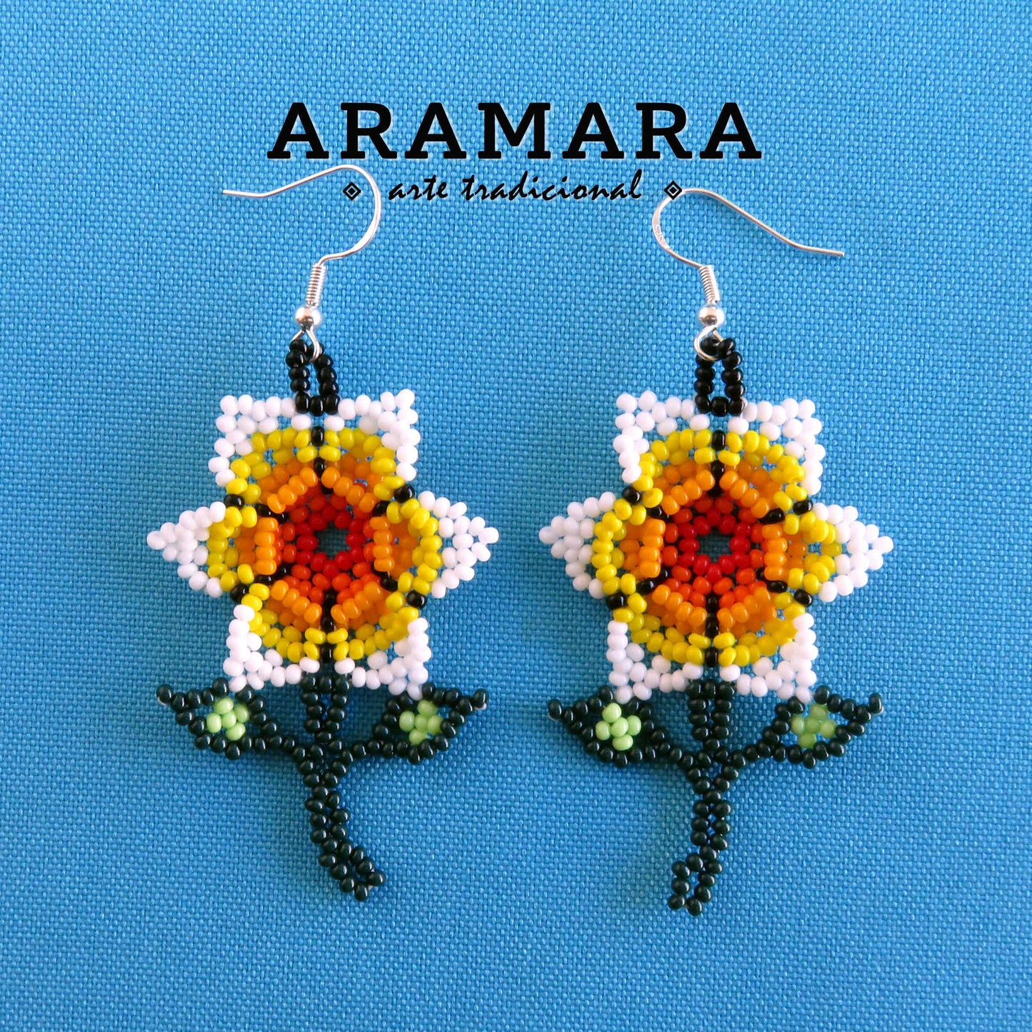 Mexican Jewelry, Native american earrings, Beaded Flower, Mexican folk art, Huichol Earrings, Flower Earrings, Mexican earrings, AF-0923