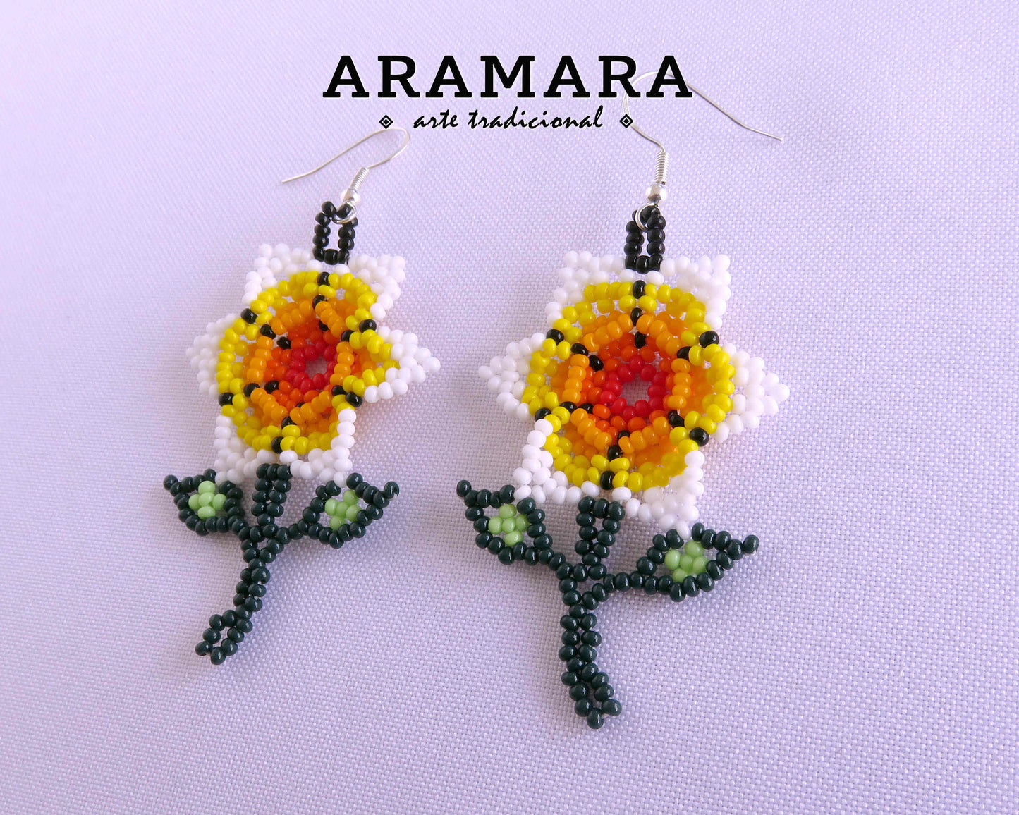 Mexican Jewelry, Native american earrings, Beaded Flower, Mexican folk art, Huichol Earrings, Flower Earrings, Mexican earrings, AF-0923
