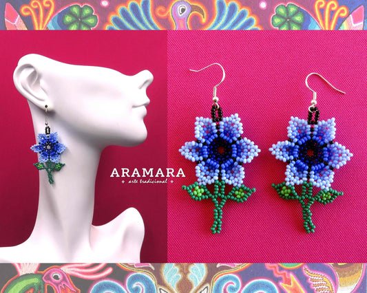 Blue Huichol Beaded Flower Earrings  |  AF-0927