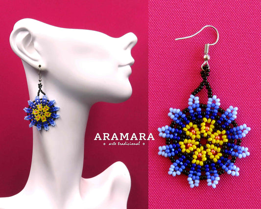 Blue and Yellow Huichol Beaded Flower Earrings  |  AF-0896