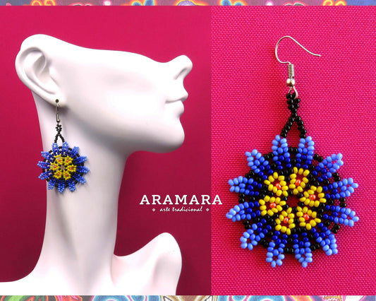 Blue and Yellow Huichol Beaded Flower Earrings  |  AF-0897