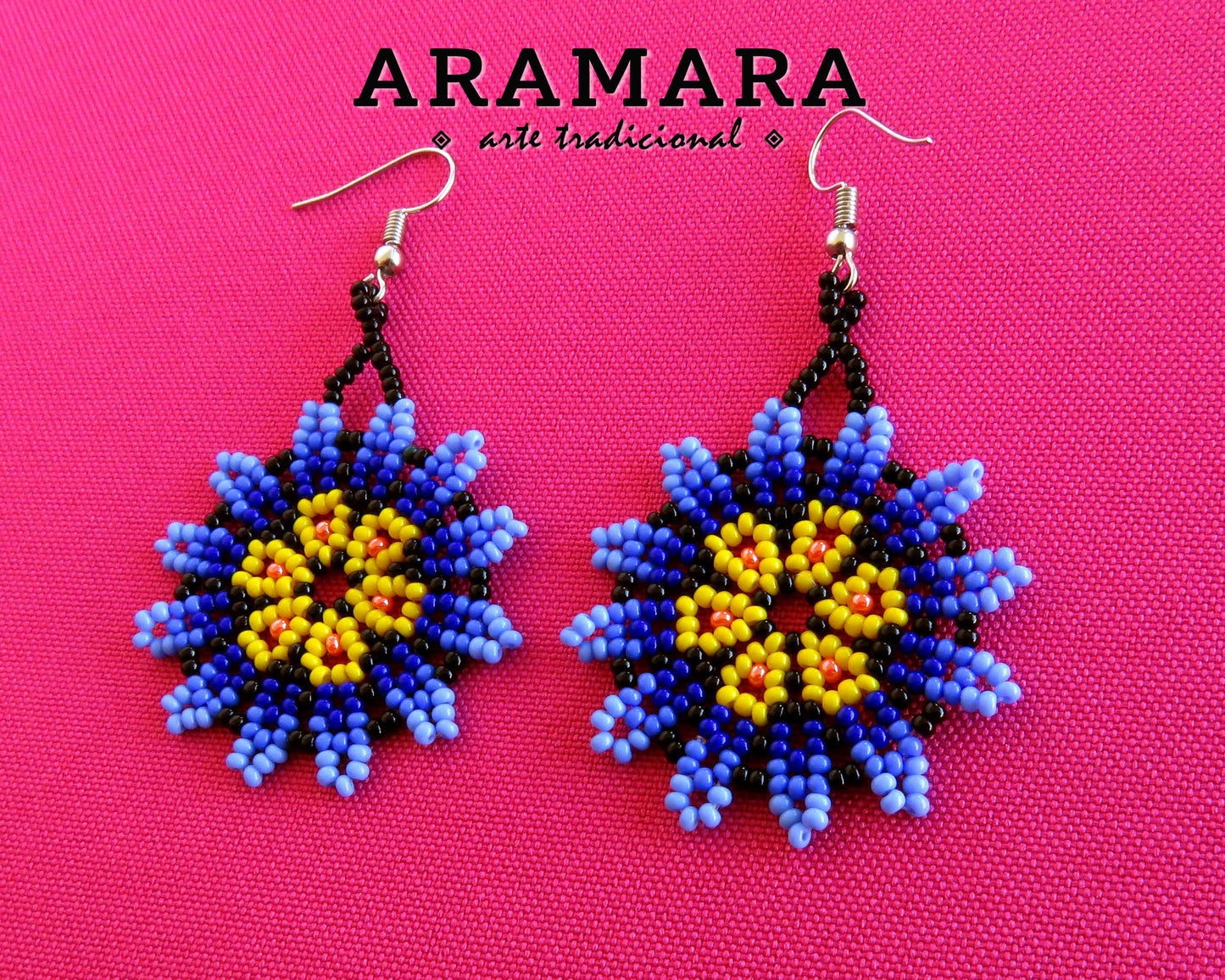 Blue and Yellow Huichol Beaded Flower Earrings  |  AF-0897