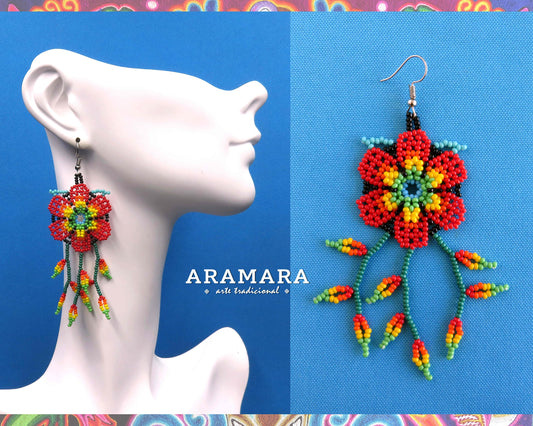 Red Huichol Beaded Flower Earrings  |  AF-0883