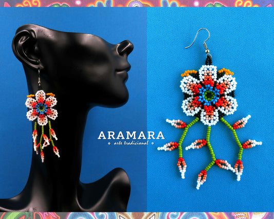 White and Red Huichol Beaded Flower Earrings  |  AF-0900