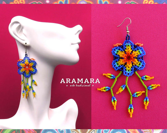 Blue and Yellow Huichol Beaded Flower Earrings  |  AF-0902