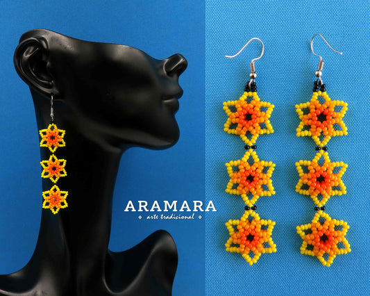 Yellow and Orange Huichol Beaded Flower Earrings  |  AF-0909