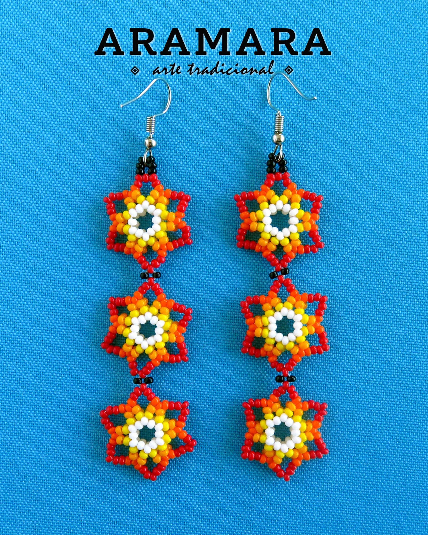 Red and white Huichol Beaded Flower Earrings  |  AF-0910