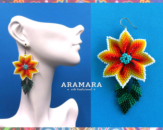 Native american earrings, Mexican Jewelry, Mexican folk art, Beaded Flower, Mexican earrings, Huichol Earrings, Flower Earrings, AF-0913